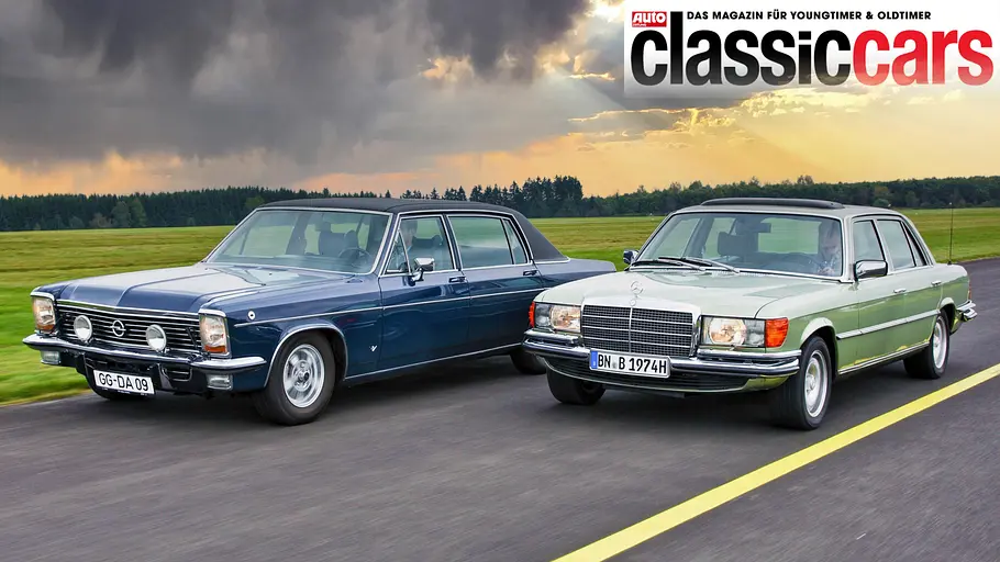 Opel Diplomat V8/Mercedes 450 SEL Opel Diplomat V8/Mercedes 450 SEL fahrend von schräg vorne fotografiert.