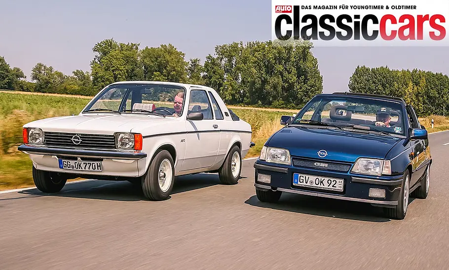Opel Kadett C Aero/Opel Kadett E GSi Cabrio Der Opel Kadett C Aero und der Opel Kadett E GSi Cabrio fahrend von schräg vorne fotografiert.