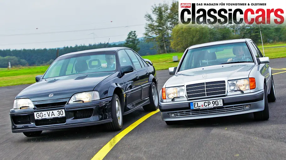 Opel Lotus Omega und Mercedes 500 E fahrend von vorne.