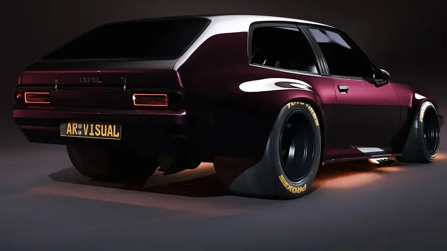 Opel Manta Restomod von richter.cgi, dargestellt von schräg hinten.