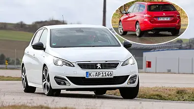 Der Peugeot 308 fährt durch eine Kurve, fotografiert von vorne. Eingeklinkt: Der Peugeot 308 SW, fahrend, von schräg hinten fotografiert. - Foto: Daniela Loof/Frank Ratering/Collage: AUTO ZEITUNG
