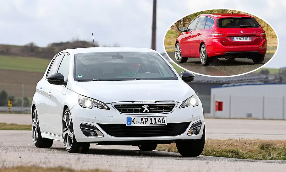 Der Peugeot 308 fährt durch eine Kurve, fotografiert von vorne. Eingeklinkt: Der Peugeot 308 SW, fahrend, von schräg hinten fotografiert.