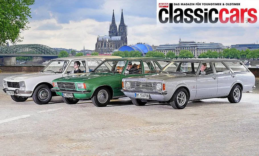 Peugeot 504, Opel Rekord und Ford Taunus stehend von schräg vorne