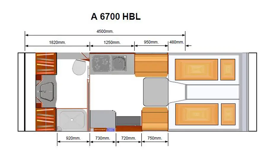Phoenix Midi Alkoven 6700 HBL (2025) Das Bild zeigt die Grundrisszeichnung des Phoenix Midi Alkoven 6700 HBL (2025).