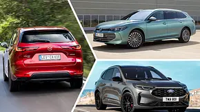 Empfehlungen für Plug-in-Hybrid-Firmenwagen: Collage zeigt den Mazda CX-60 von hinten (links), den VW Passat Variant von schräg vorne (oben rechts) und den Ford Kuga von schräg vorne. - Foto: Ford/Mazda/VW/Collage: AUTO ZEITUNG