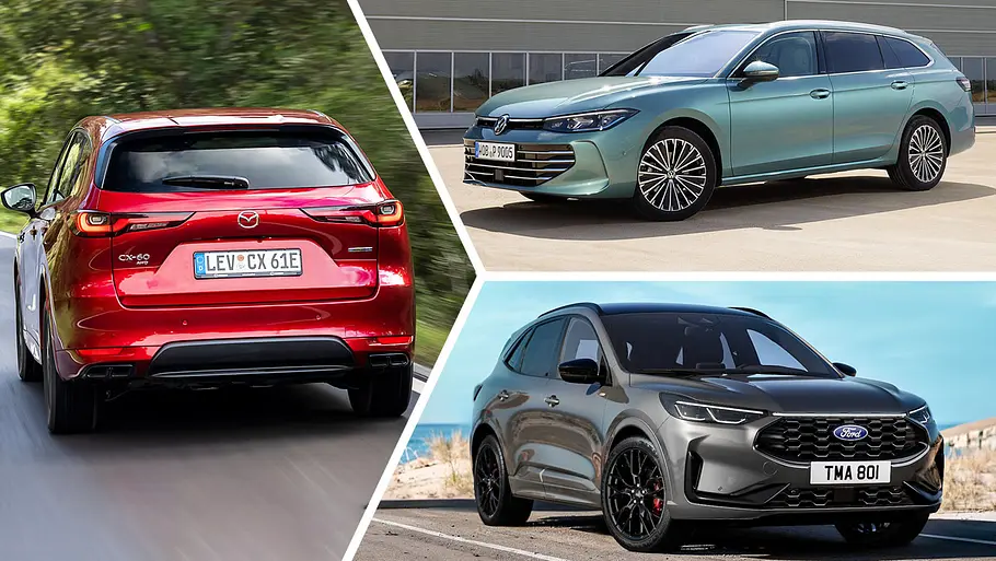 Empfehlungen für Plug-in-Hybrid-Firmenwagen Empfehlungen für Plug-in-Hybrid-Firmenwagen: Collage zeigt den Mazda CX-60 von hinten (links), den VW Passat Variant von schräg vorne (oben rechts) und den Ford Kuga von schräg vorne.