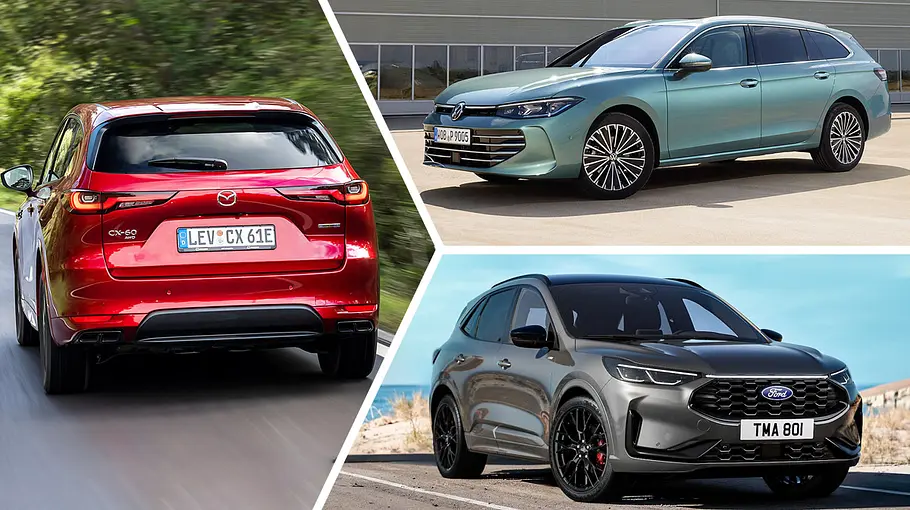Empfehlungen für Plug-in-Hybrid-Firmenwagen Empfehlungen für Plug-in-Hybrid-Firmenwagen: Collage zeigt den Mazda CX-60 von hinten (links), den VW Passat Variant von schräg vorne (oben rechts) und den Ford Kuga von schräg vorne.