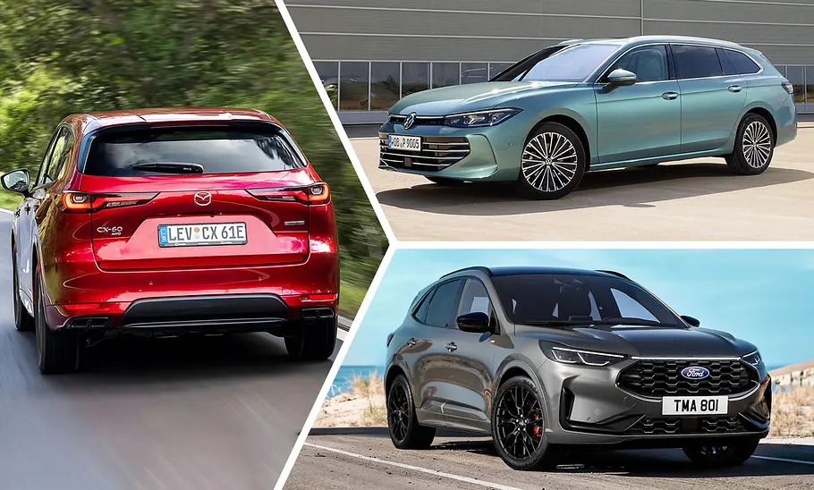 Empfehlungen für Plug-in-Hybrid-Firmenwagen: Collage zeigt den Mazda CX-60 von hinten (links), den VW Passat Variant von schräg vorne (oben rechts) und den Ford Kuga von schräg vorne.