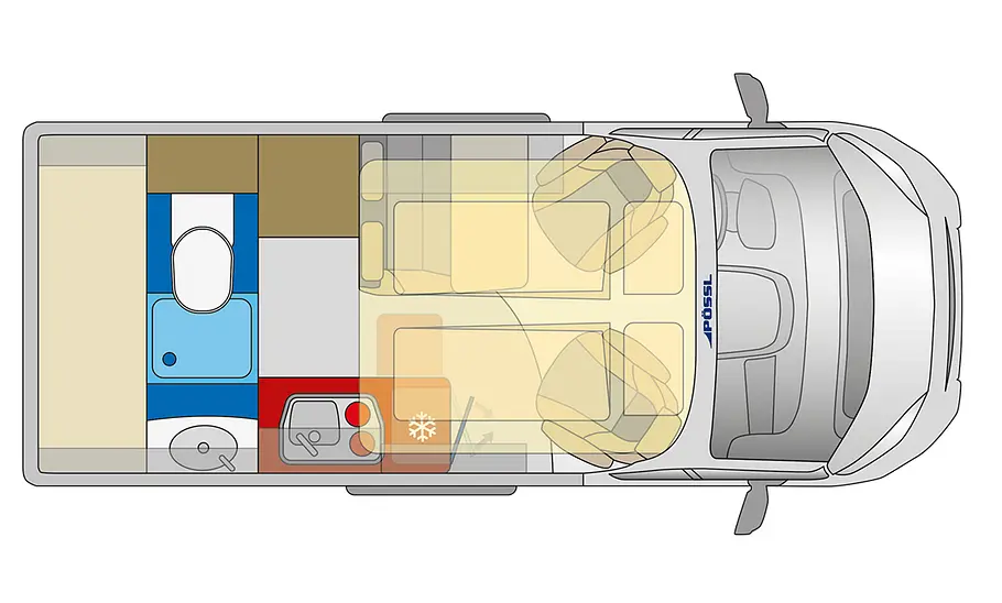 Das Bild zeigt die Grundrisszeichnung des Pössl Vario 545 (2024).