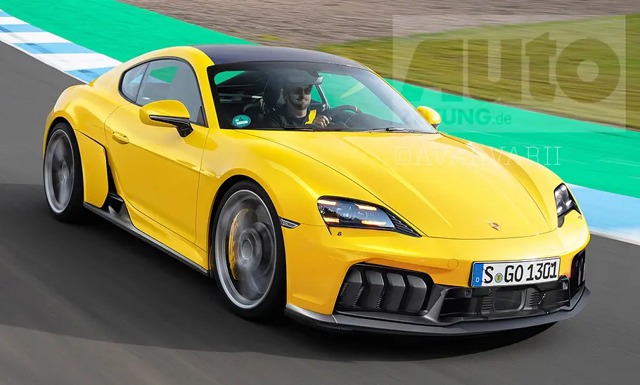 Porsche 718 Cayman Electric (2028) Eine Computer-Illustration zeigt den Porsche 718 Cayman Electric (2028) fahrend auf einer Rennstrecke.
