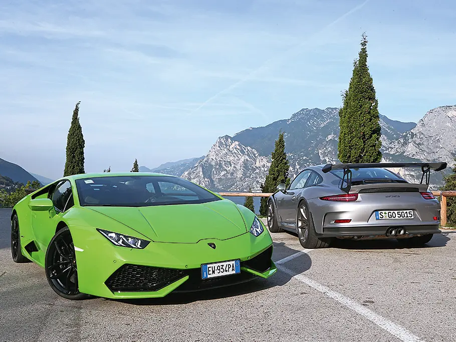 porsche 911 gt3 rs lamborghini huracan vergleich gardasee supersportwagen