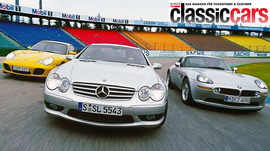 Porsche 911 Turbo/Mercedes SL 55 AMG/BMW Z8 fahrend von vorne fotografiert. 