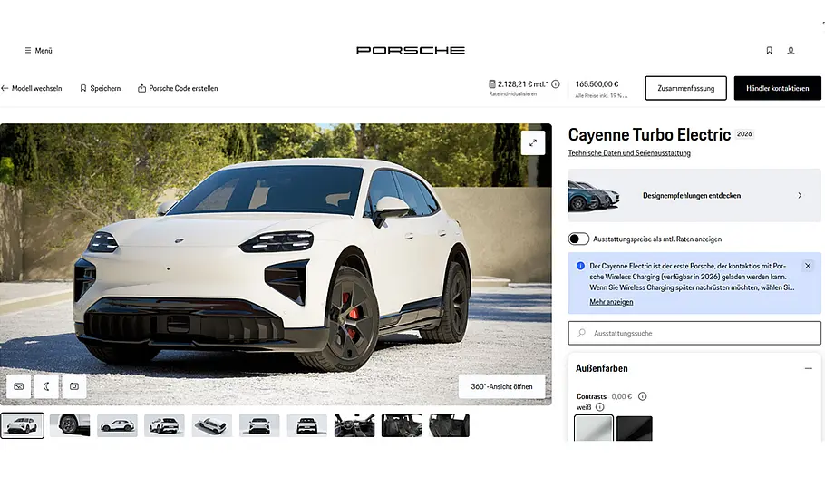 Der Screenshot des Porsche Konfigurators zeigt den Porsche Cayenne Electric.