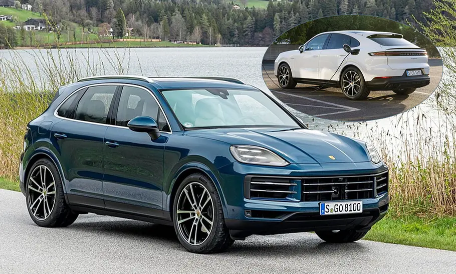 Der Porsche Cayenne statisch von schräg vorne fotografiert, eingeklinkt zu sehen ist das Porsche Cayenne Coupé von schräg hinten.