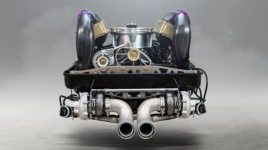 Porsche Gunther Werks F26 Motor des Porsche Gunther Werks F26, fotografiert von hinten.