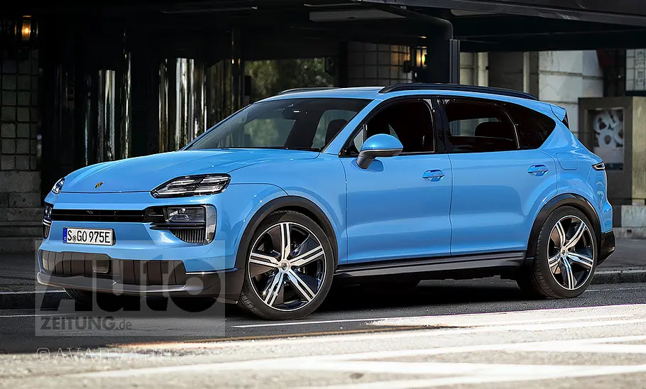 Das große Elektro-SUV mit dem Projektnamen Porsche K1 (2028) stehend von schräg vorne illustriert.