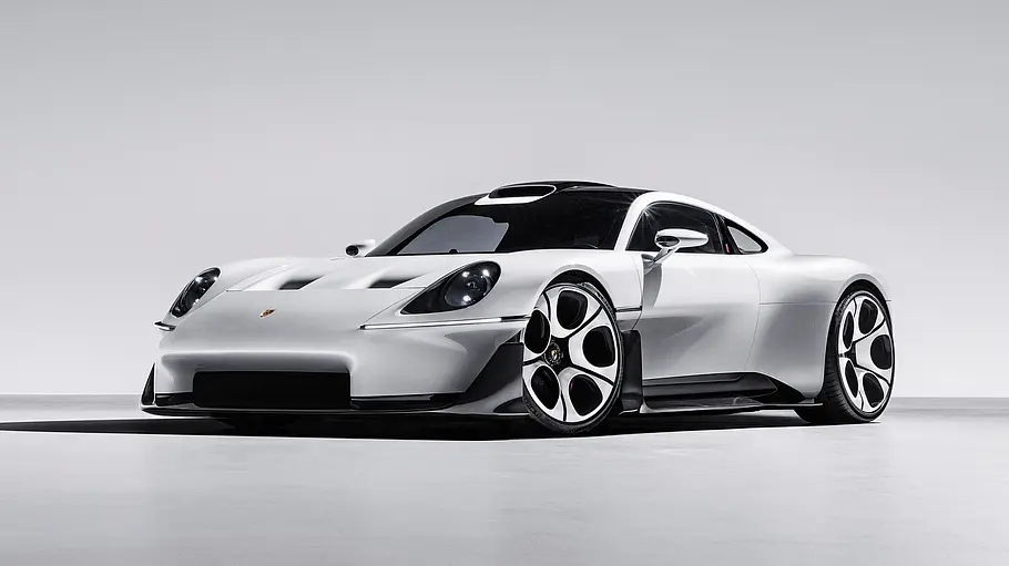 Porsche Mission S von schräg vorn im Studio mit weißem Hintergrund.