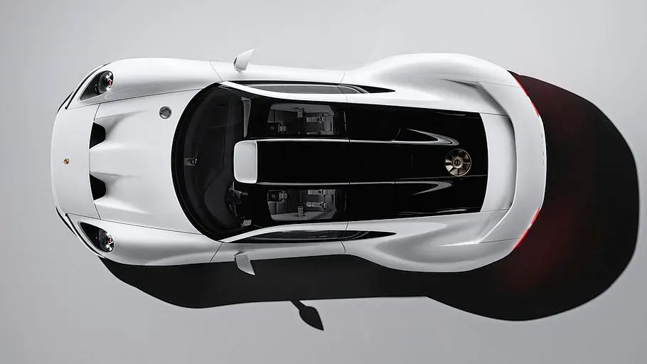 Porsche Mission S von oben im Studio mit weißem Hintergrund.
