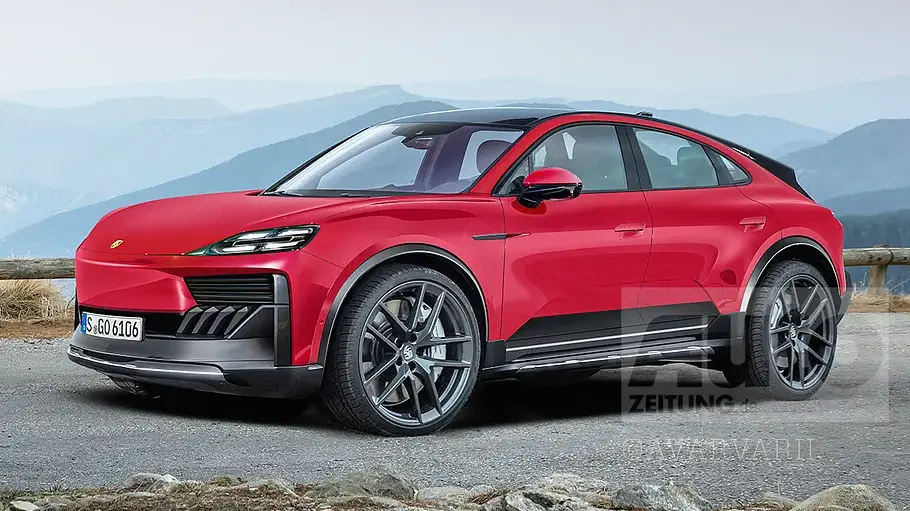 Porsche Macan Verbrenner Eine Computer-Illustration zeigt das kommende Serienmodell Porsche Macan Verbrenner von schräg vorne.