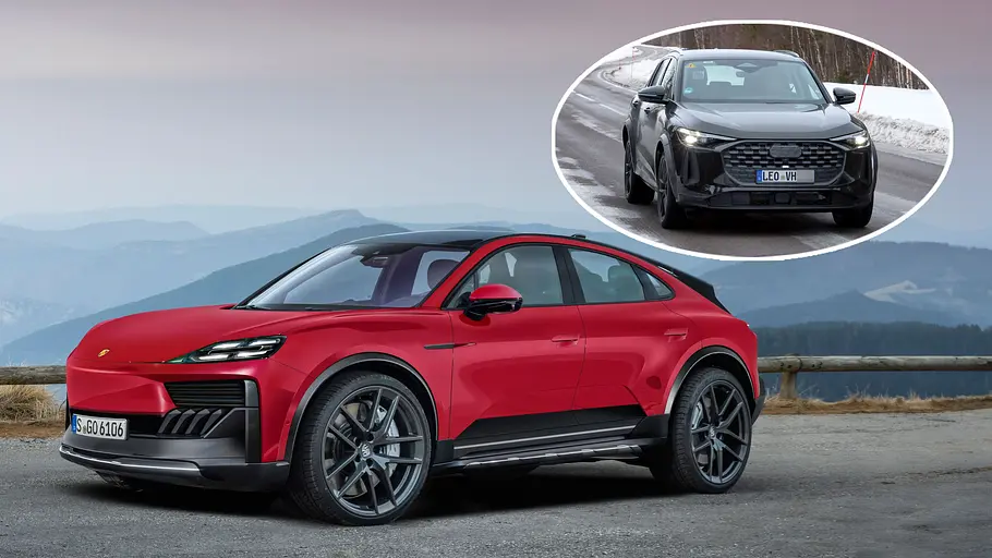 Eine Collage zeigt den Porsche Octan als Rendering und Mule.