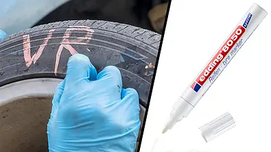 Reifenstift: Bild zeigt Hand, die auf Reifenflanke schreibt. - Foto: Hersteller/Collage: AUTO ZEITUNG