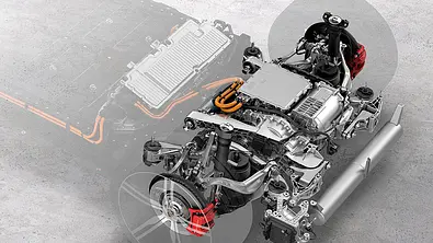 Eine technische Computerillustration zeigt den Antriebsstrang des Porsche Macan Turbo inklusive Bremsen. - Foto: Porsche
