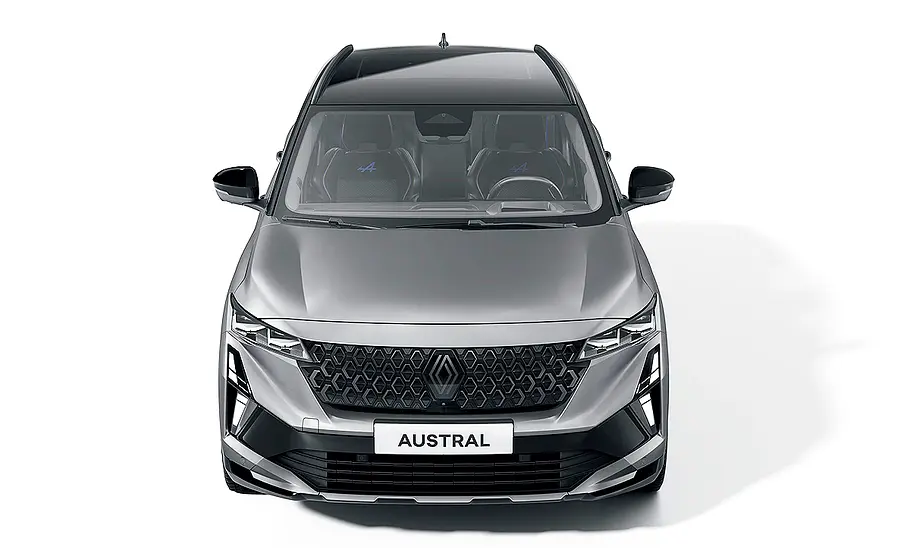 Renault Austral Facelift (2025) Das Renault Austral Facelift (2025) steht vor weißem Hintergrund, von vorne fotografiert.