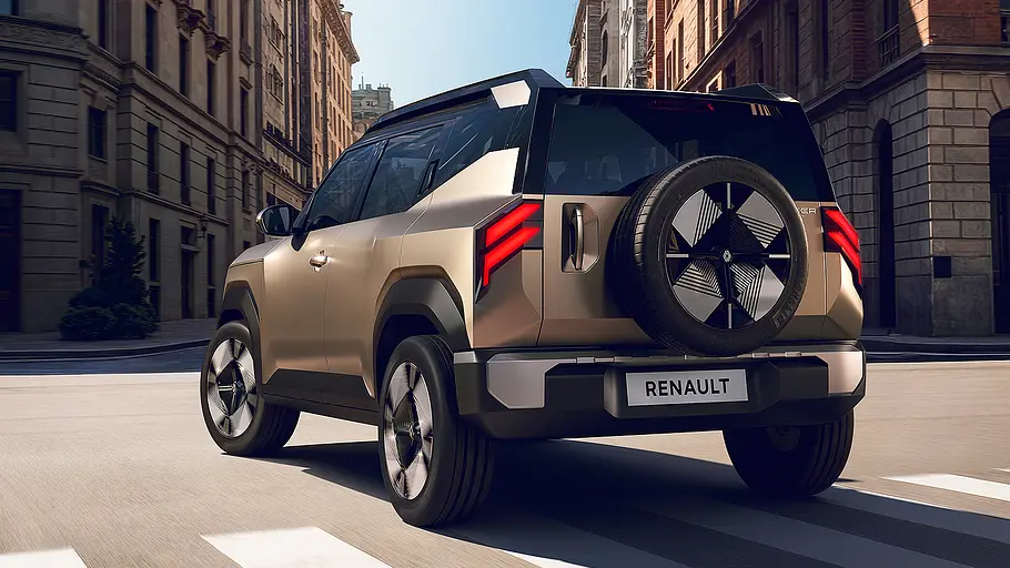 Blick von schräg hinten auf das Renault Bridger Concept (2026).