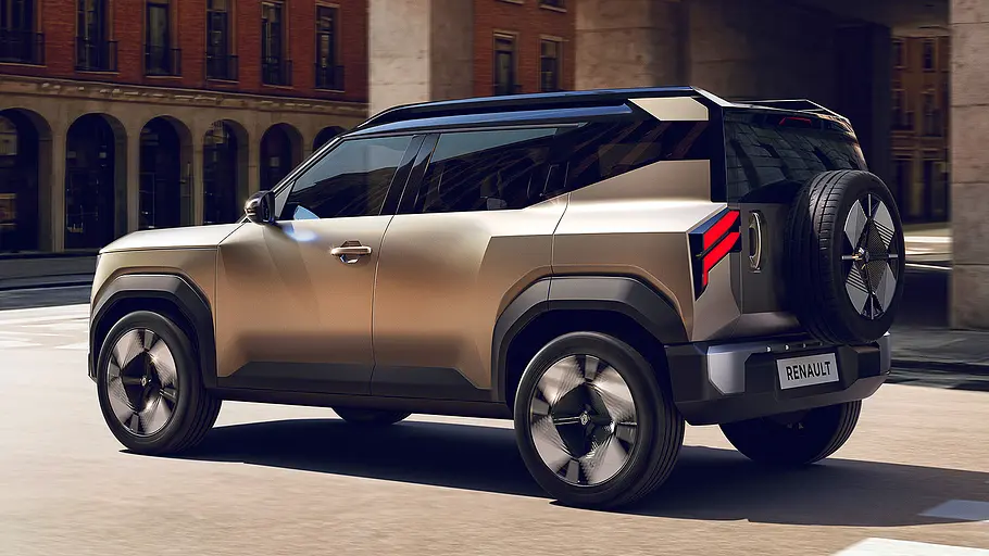 Blick von schräg hinten auf das Renault Bridger Concept (2026).