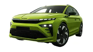 Der Skoda Enyaq steht vor weißem Hintergrund, von vorne links fotografiert. - Foto: Skoda