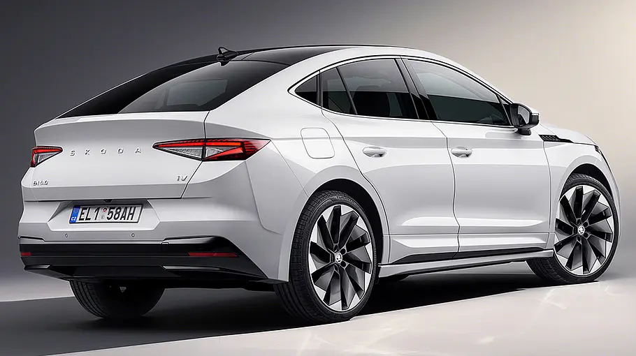 Der Skoda Enyaq Coupé stehend, von schräg hinten rechts.
