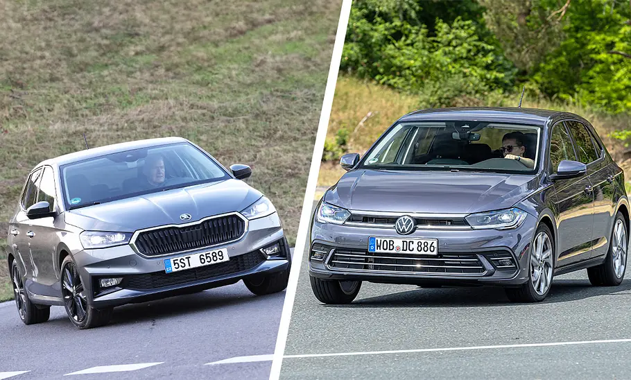 Skoda Fabia und VW Polo fahren in einer Fotomontage durch eine Kurve.