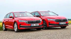 Blick von schräg vorne auf die beiden Kombis Skoda Octavia Combi Mildhybrid und Diesel. - Foto: Daniela Loof