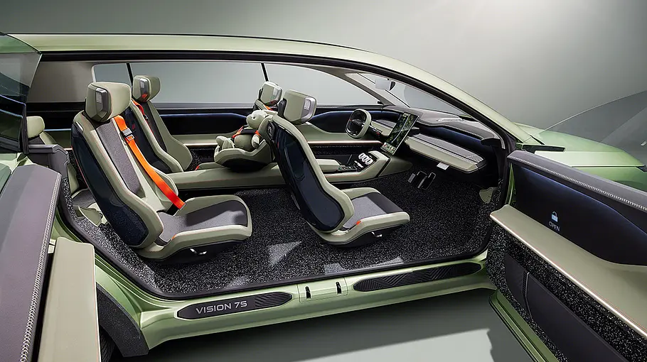 Skoda Vision 7S (2022) Der Skoda Vision 7S (2022) in einer Computeranimation, erkennbar in der Seitenansicht mit offenen Türen.