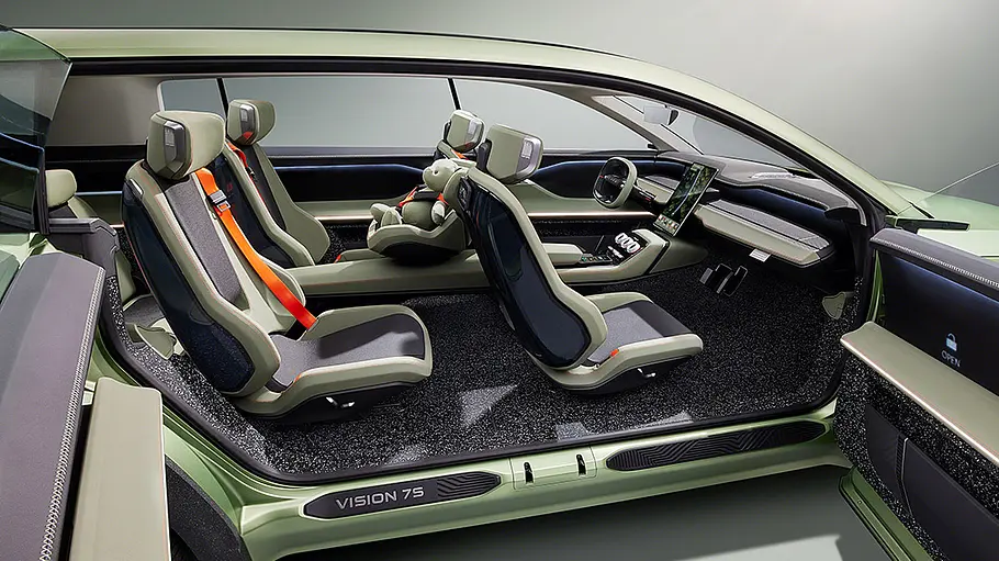 Skoda-peaq-neuheit Der Skoda Vision 7S (2022) in einer Computeranimation, erkennbar in der Seitenansicht mit offenen Türen.