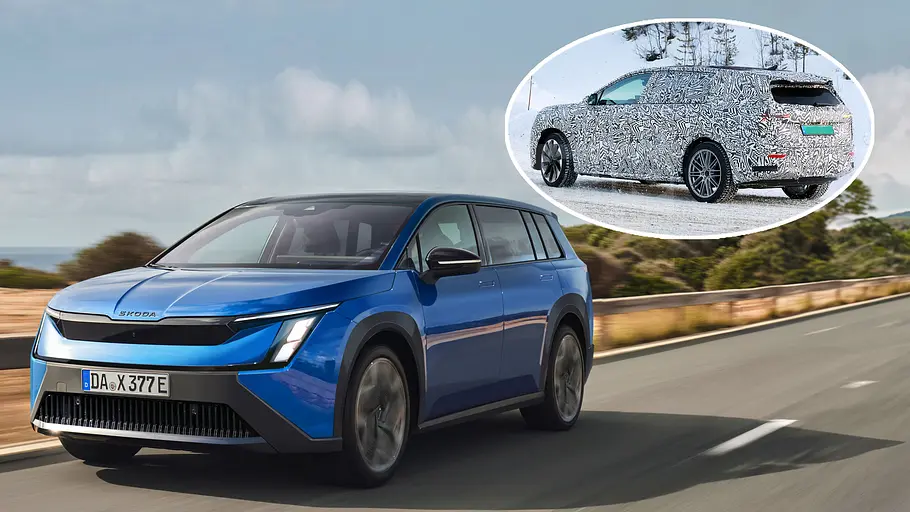 Skoda Peaq Eine Collage zeigt ein Rendering und ein Erlkönigfoto vom Skoda Peaq.