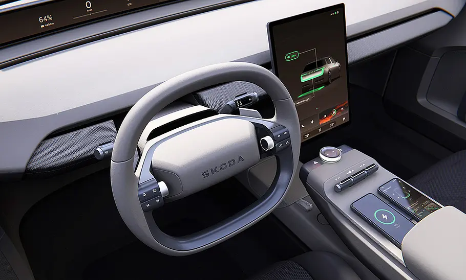Blick auf das Lenkrad des Skoda Vision O (2025).