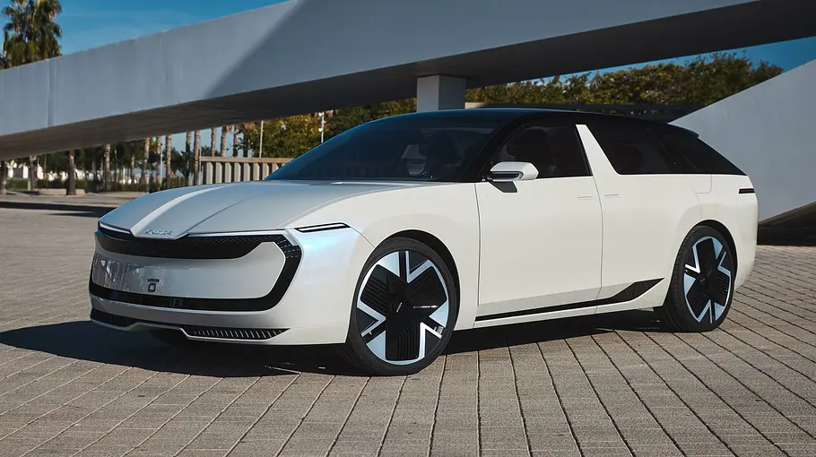 Der Skoda Vision O stehend von schräg vorne fotografiert.