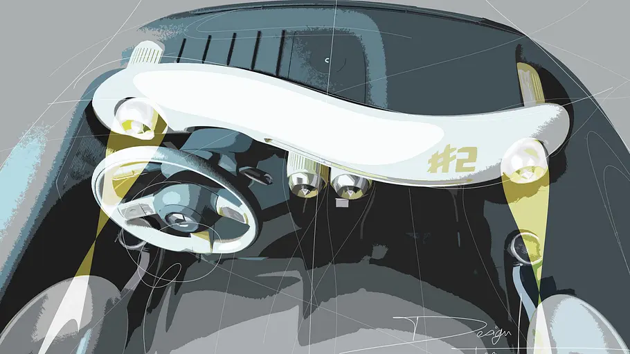 Skizze des Armaturenbretts des Smart #2, von oben.