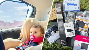 Kollage mit Baby im Kindersitz hinter Sonnenschutz im Auto und den getesteten Sonnenschützern, die auf einer Wiese liegen. - Foto: Imago/Kollage: AUTO ZEITUNG