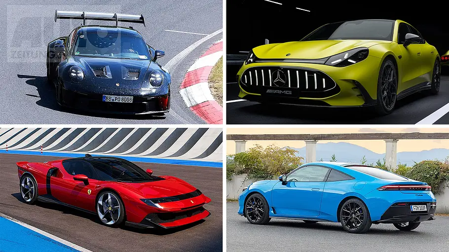 Collage aus verschiedenen Sportwagen von Porsche, Mercedes, Ferrari und Honda.