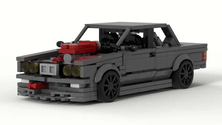Starfobar BMW E30 mit Ferrari-V8 Legomodell des Starfobar BMW E30 mit Ferrari-V8, fotografiert von schräg vorne.
