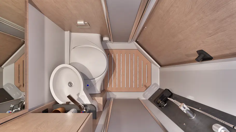 Die Innenaufnahme zeigt das Badezimmer des Sunlight T58 aus der Vogelperspektive.