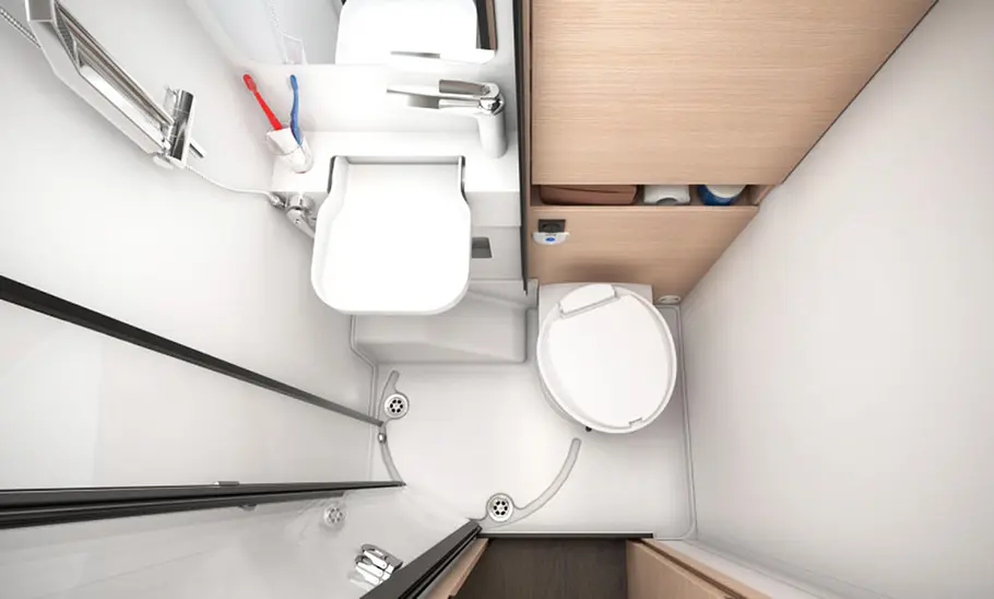 Sunliving C 70 DL (2025) Die Innenaufnahme zeigt das Duschbad des Sunliving C 70 DL (2025) aus der Vogelperspektive.