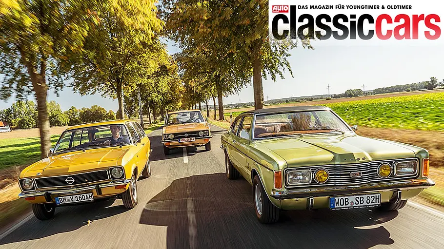 Opel Ascona, VW K70 und Ford Taunus fahrend von vorne