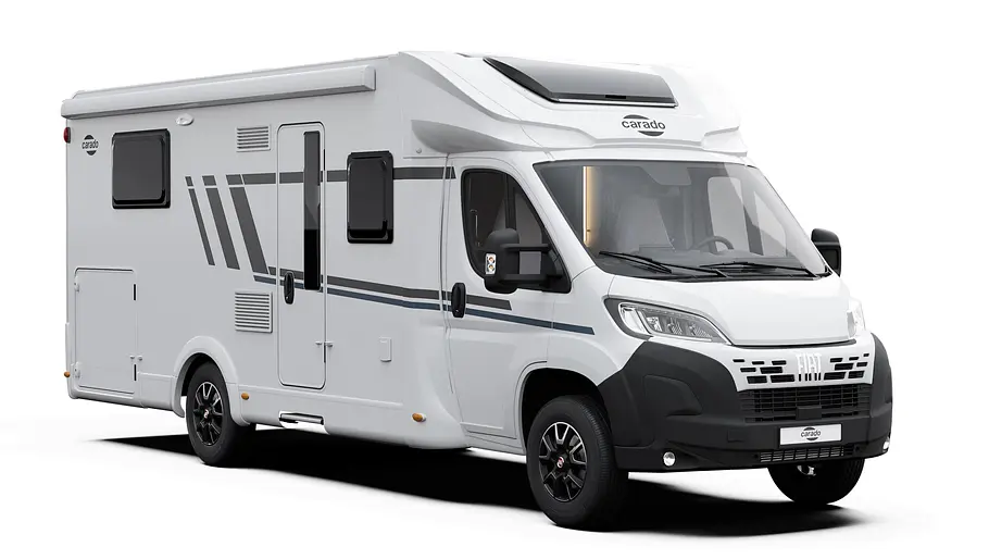 Teilintegrierte Wohnmobile für vier Übersicht Der Carado T459 statisch von schräg vorne rechts.
