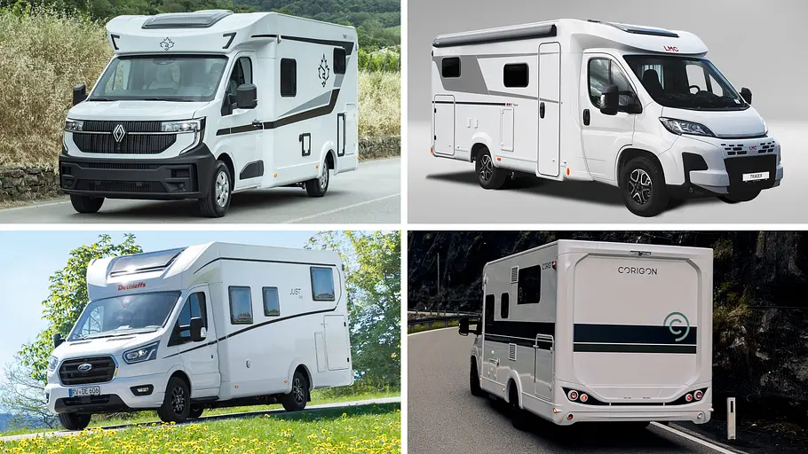 Teilintegrierte Wohnmobile für vier Übersicht Die Collage zeigt vier teilintegrierte Wohnmobile für vier Personen.