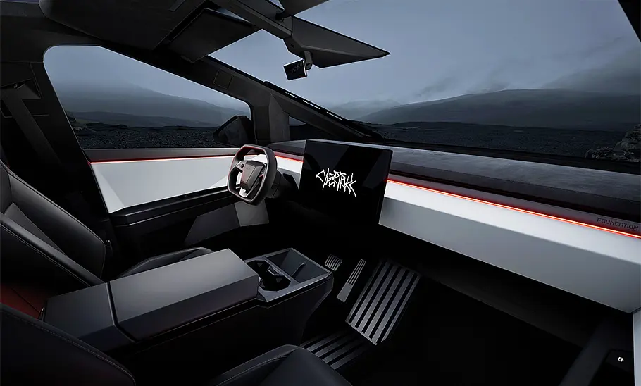 Tesla Cybertruck (2023) Das Cockpit des Tesla Cybertruck (2023).