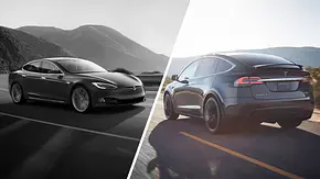 Das Tesla Model S (links) von schräg vorne und das Tesla Model X von schräg hinten fotografiert. - Foto: Tesla/Collage: AUTO ZEITUNG
