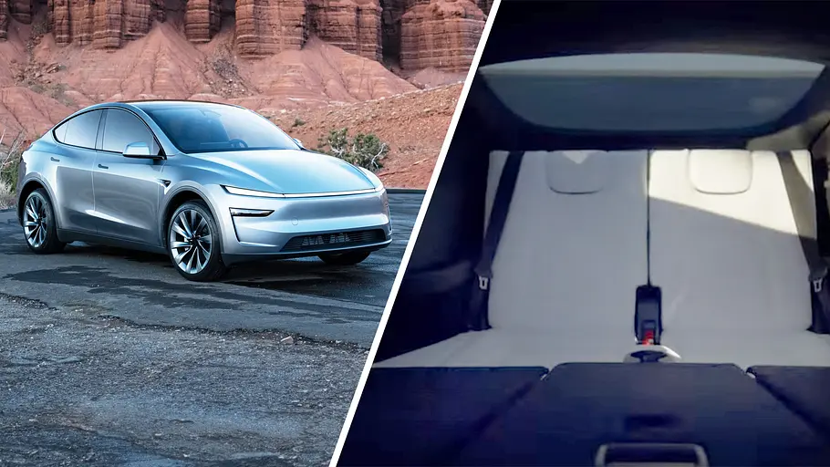 Tesla Model Y als Siebensitzer Eine Collage zeigt das Tesla Model Y von außen und die dritte Sitzreihe von innen.